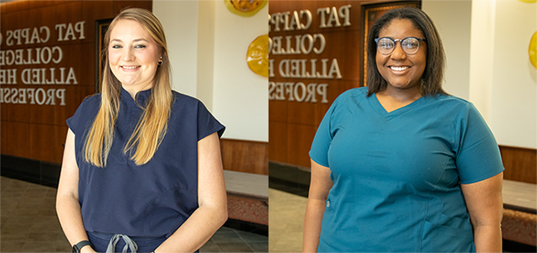 Two graduate students from the Pat Capps Covey College of Allied Health Professions Department of Speech Pathology and Audiology, Robin Jacobs and Emma Lovelady, were recognized for their hard work and commitment to their professions at the Speech and Hearing Association of Alabama 2024 convention.
